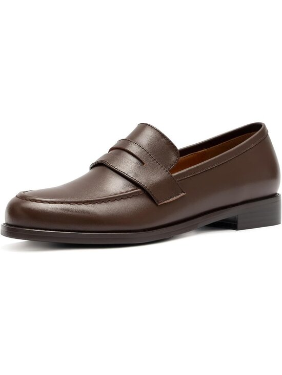 Shoes - Women's Brown Classic Flat Leather Penny Loafers Slip On Dress Flat Shoes